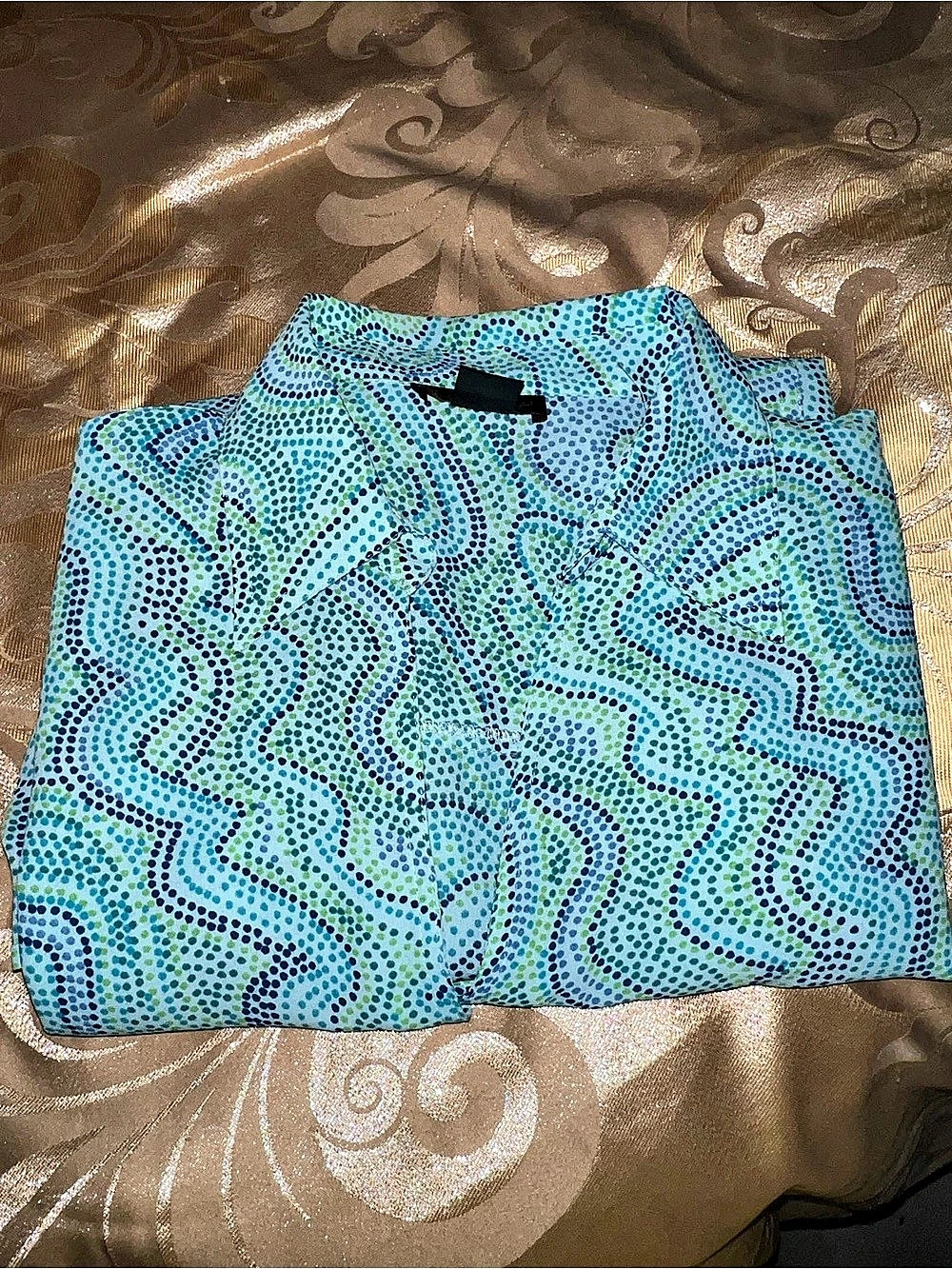 Ashley Stewart Blue Green Dotted Abstract swirl Button Up Blouse Size 16